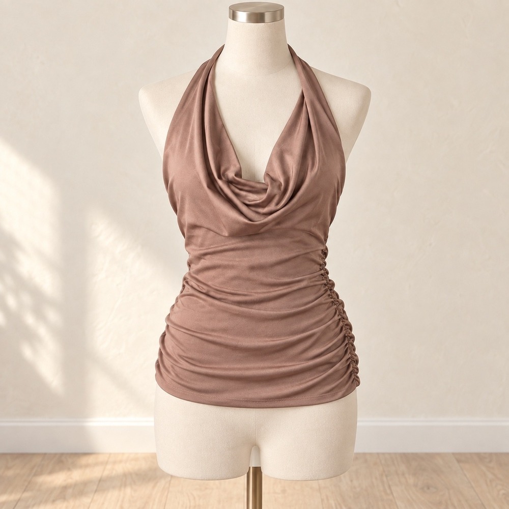 Taupe Brown Cowl Neck Halter Top Ruched Backless Style 2951 Medium